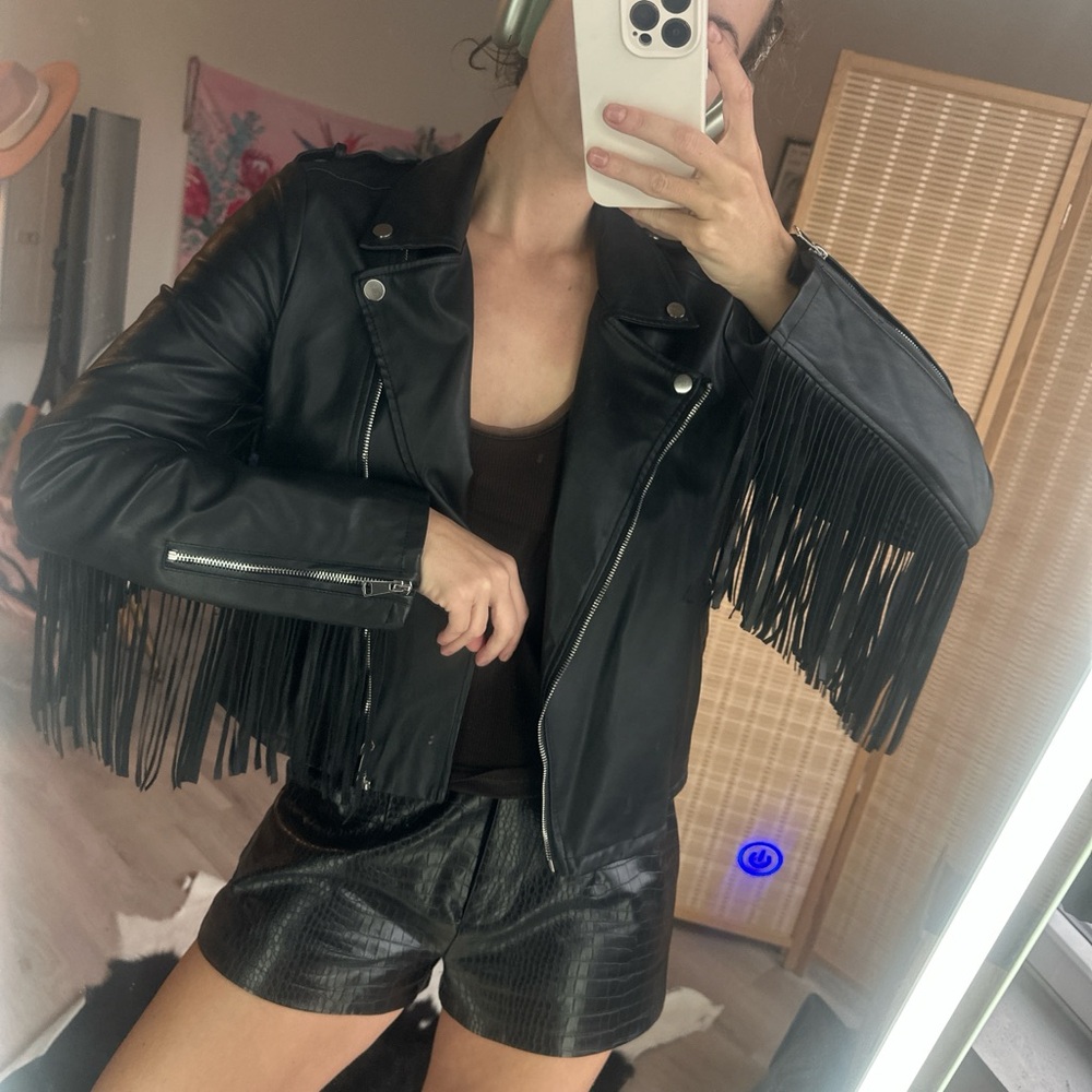 Free People Black Leather Fringe Jacket